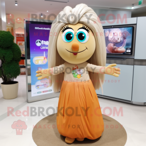 Tan Apricot mascot costume character dressed with a Maxi Skirt and Hair clips