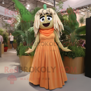 Tan Apricot mascot costume character dressed with a Maxi Skirt and Hair clips