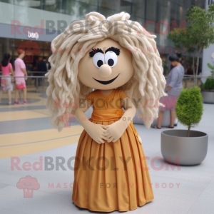 Tan Apricot mascot costume character dressed with a Maxi Skirt and Hair clips