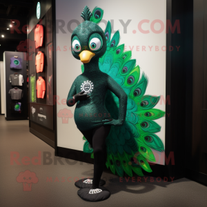 Forest Green Peacock mascot costume character dressed with a Yoga Pants and Watches