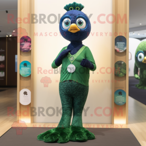 Forest Green Peacock mascot costume character dressed with a Yoga Pants and Watches