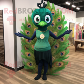 Forest Green Peacock mascot costume character dressed with a Yoga Pants and Watches