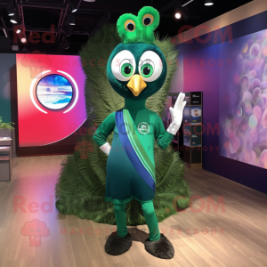 Forest Green Peacock mascot costume character dressed with a Yoga Pants and Watches