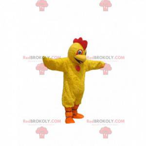 Mascote de frango amarelo com uma linda crista vermelha -