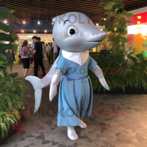 Silver Dolphin mascot costume character dressed with a A-Line Skirt and Messenger bags