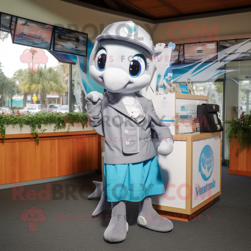 Silver Dolphin mascot costume character dressed with a A-Line Skirt and Messenger bags