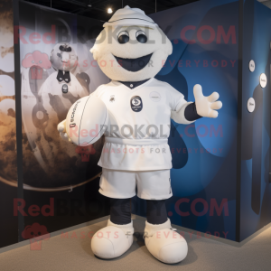 White Rugby Ball mascot costume character dressed with a Rugby Shirt and Cummerbunds
