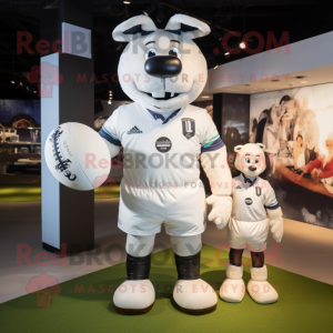 White Rugby Ball mascot costume character dressed with a Rugby Shirt and Cummerbunds