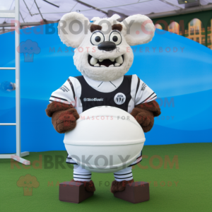 White Rugby Ball mascot costume character dressed with a Rugby Shirt and Cummerbunds