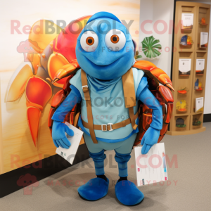 Blue Hermit Crab mascot costume character dressed with a Vest and Wallets