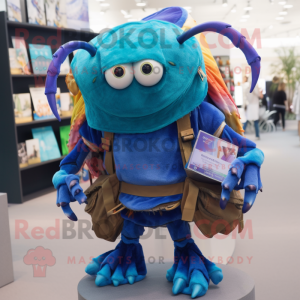 Blue Hermit Crab mascot costume character dressed with a Vest and Wallets