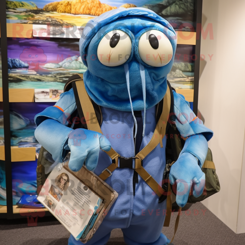 Blue Hermit Crab mascot costume character dressed with a Vest and Wallets