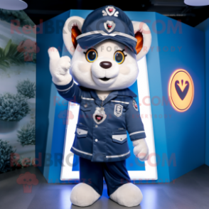 Navy Arrow Of Love mascot costume character dressed with a Parka and Rings