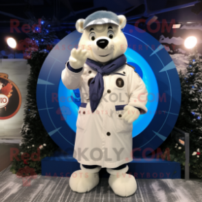 Navy Arrow Of Love mascot costume character dressed with a Parka and Rings