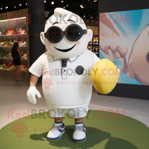 White Rugby Ball mascot costume character dressed with a Button-Up Shirt and Sunglasses