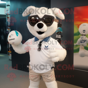 White Rugby Ball mascot costume character dressed with a Button-Up Shirt and Sunglasses