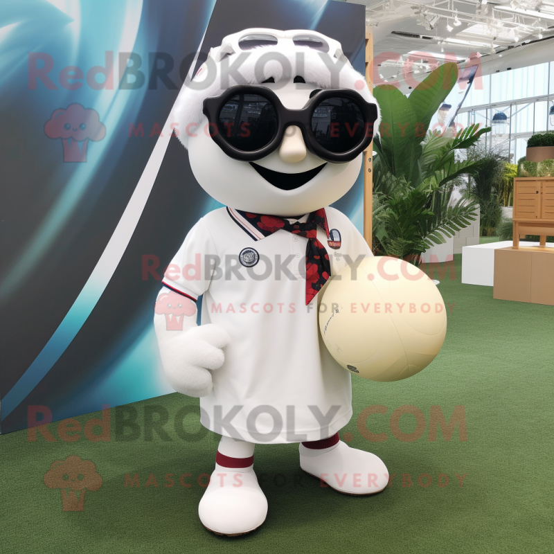 White Rugby Ball mascot costume character dressed with a Button-Up Shirt and Sunglasses