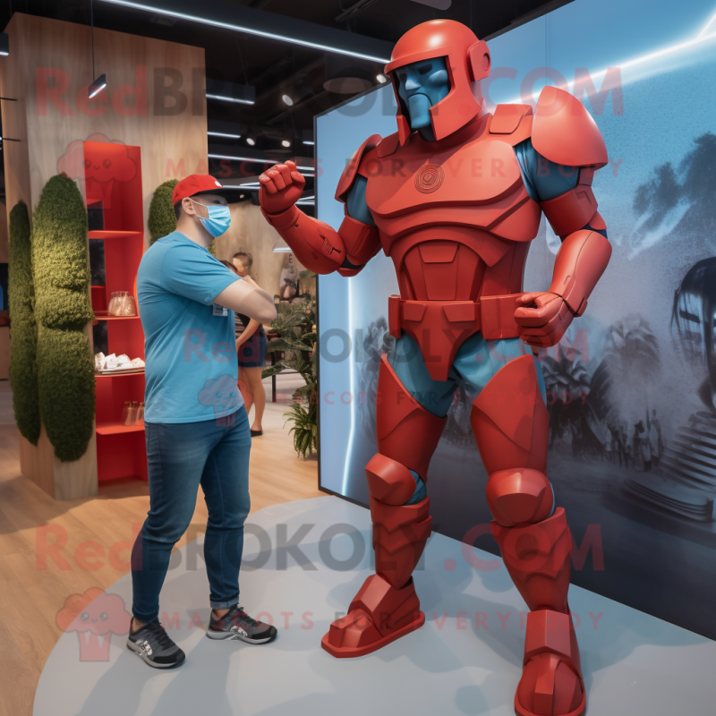 Red Spartan Soldier mascot costume character dressed with a Denim Shorts and Watches Red Spartan Soldier mascot costume character dressed with a Denim Shorts and Watches