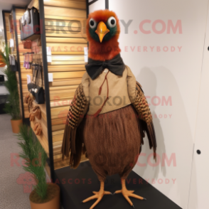 Brown Pheasant mascot costume character dressed with a Pencil Skirt and Suspenders