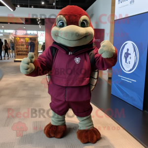 Maroon Turtle mascot costume character dressed with a Coat and Watches