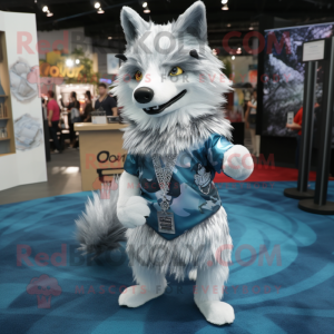 Silver Wolf mascot costume character dressed with a Wrap Dress and Lapel pins