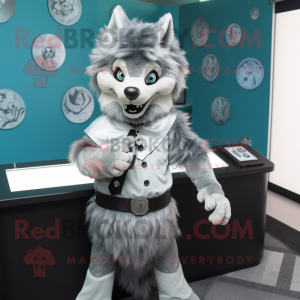 Silver Wolf mascot costume character dressed with a Wrap Dress and Lapel pins