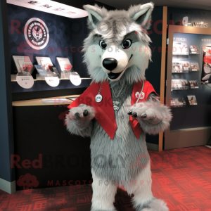 Silver Wolf mascot costume character dressed with a Wrap Dress and Lapel pins