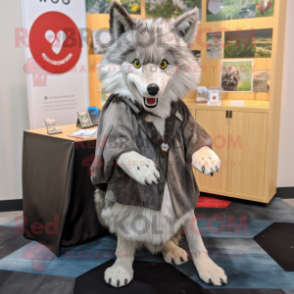 Silver Wolf mascot costume character dressed with a Wrap Dress and Lapel pins