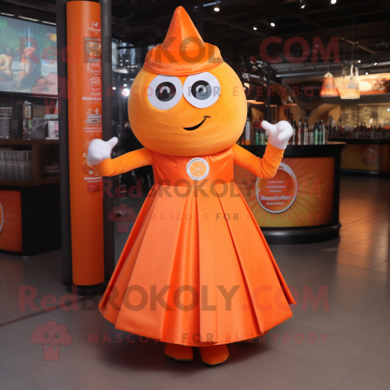 Orange Gyro mascot costume character dressed with a Cocktail Dress and Gloves