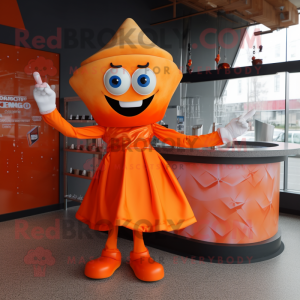 Orange Gyro mascot costume character dressed with a Cocktail Dress and Gloves
