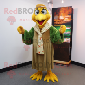 Olive Butter Chicken mascot costume character dressed with a Cardigan and Belts