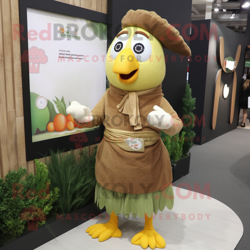Olive Butter Chicken mascot costume character dressed with a Cardigan and Belts Olive Butter Chicken mascot costume character dressed with a Cardigan and Belts