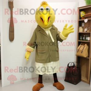 Olive Butter Chicken mascot costume character dressed with a Cardigan and Belts