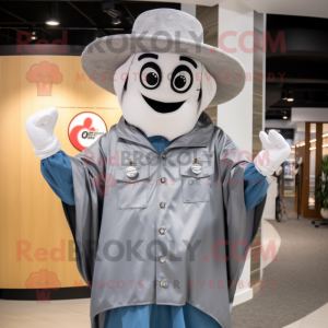 Gray Horseshoe mascot costume character dressed with a Windbreaker and Hat pins