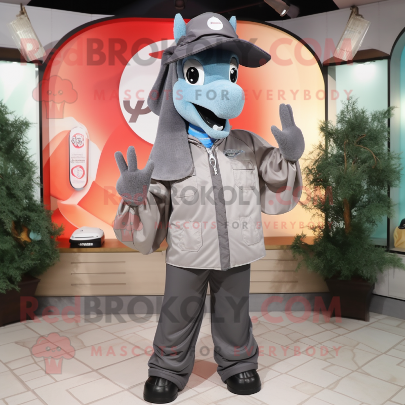 Gray Horseshoe mascot costume character dressed with a Windbreaker and Hat pins