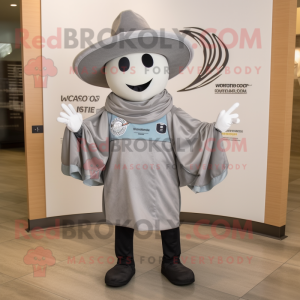 Gray Horseshoe mascot costume character dressed with a Windbreaker and Hat pins