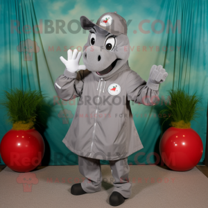 Gray Horseshoe mascot costume character dressed with a Windbreaker and Hat pins