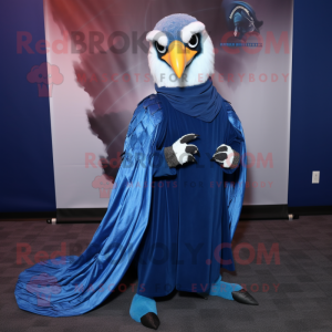 Blue Hawk mascot costume character dressed with a Evening Gown and Scarves