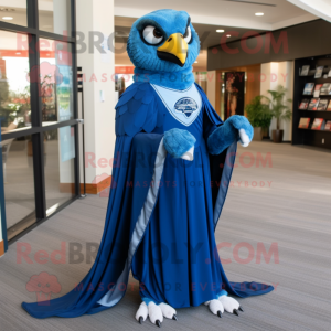 Blue Hawk mascot costume character dressed with a Evening Gown and Scarves