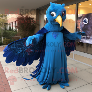 Blue Hawk mascot costume character dressed with a Evening Gown and Scarves