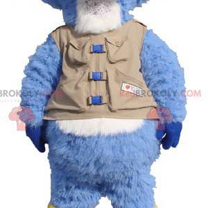 Mascota de castor azul y blanco con chaleco y botas -