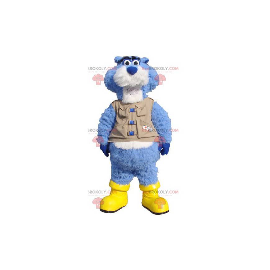 Mascotte castoro blu e bianco con una maglia e stivali -