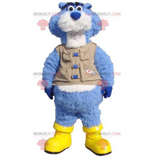 Mascotte de castor bleu et blanc avec un gilet et des bottes -