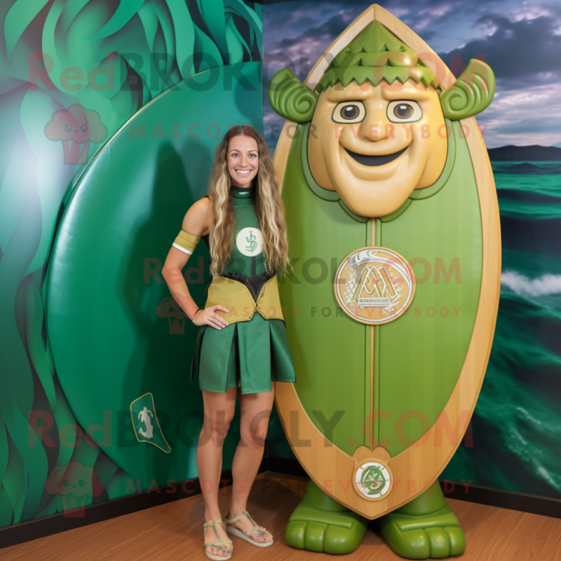 Green Celtic Shield mascot costume character dressed with a One-Piece Swimsuit and Brooches Green Celtic Shield mascot costume character dressed with a One-Piece Swimsuit and Brooches