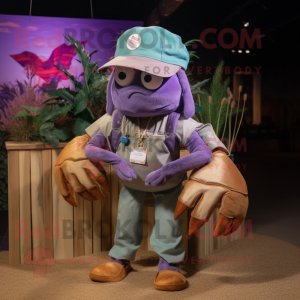 Lavender Hermit Crab mascot costume character dressed with a Mom Jeans and Hat pins