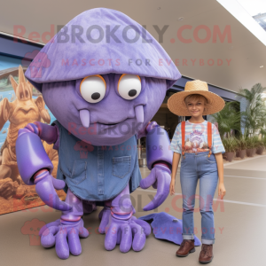 Lavender Hermit Crab mascot costume character dressed with a Mom Jeans and Hat pins