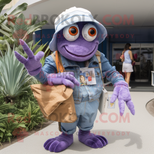 Lavender Hermit Crab mascot costume character dressed with a Mom Jeans and Hat pins