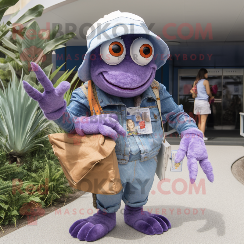 Lavender Hermit Crab mascot costume character dressed with a Mom Jeans and Hat pins Lavender Hermit Crab mascot costume character dressed with a Mom Jeans and Hat pins