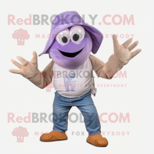 Lavender Hermit Crab mascot costume character dressed with a Mom Jeans and Hat pins