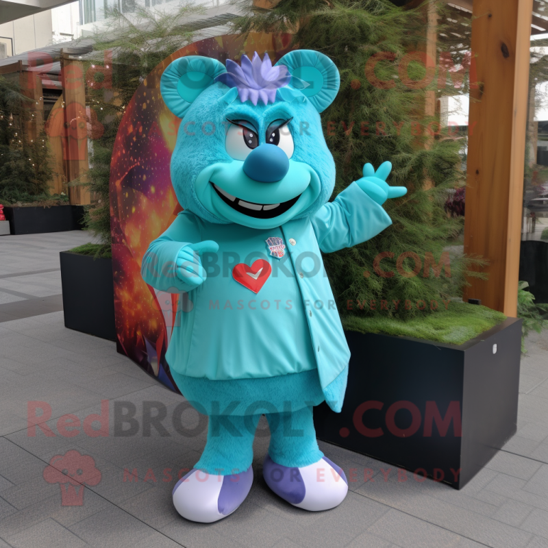 Turquoise Heart mascot costume character dressed with a Coat and Foot pads Turquoise Heart mascot costume character dressed with a Coat and Foot pads